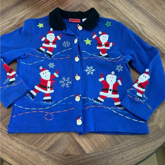Blue Santa Christmas Sweater/Cardigan with Santa Buttons - Picture 1 of 8